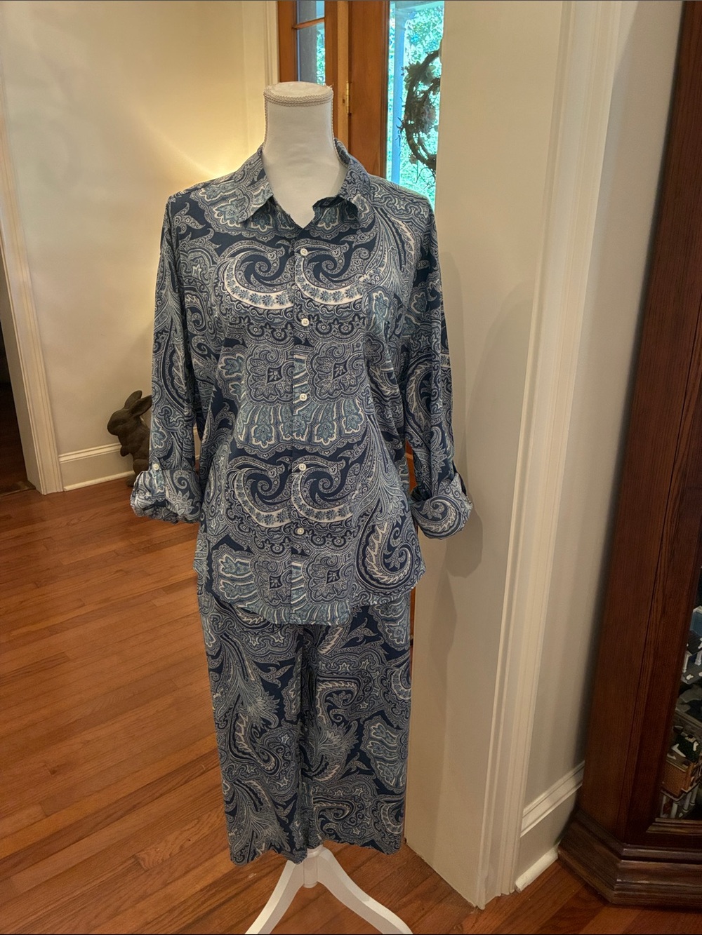 Ralph Lauren Blue Paisley Wide-Leg  Cropped Pajama Set